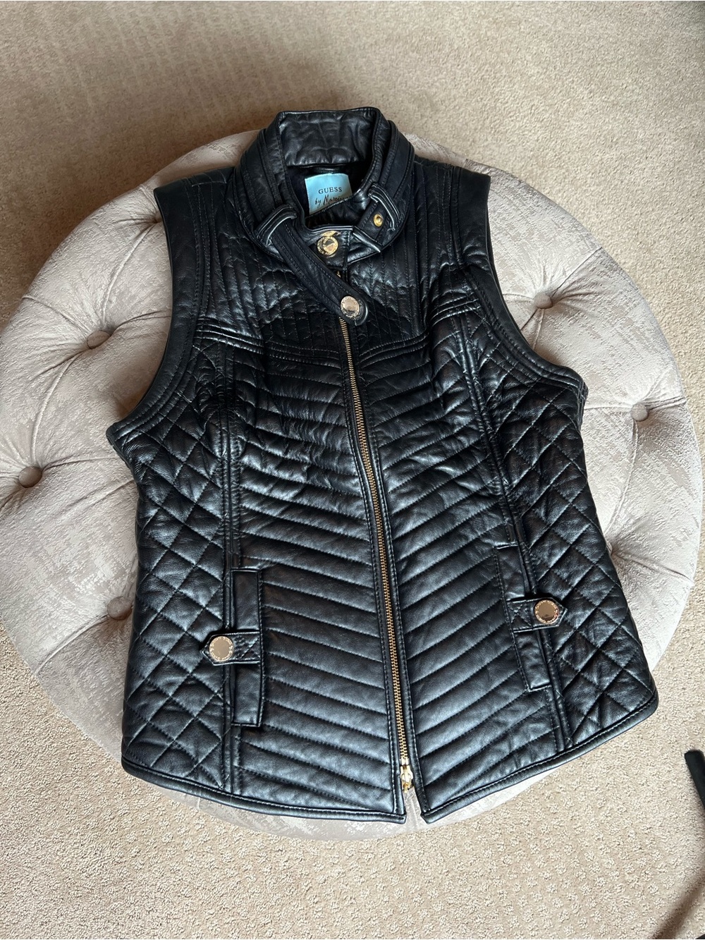 Guess by Marciano Black Quilted Faux Leather Moto Vest